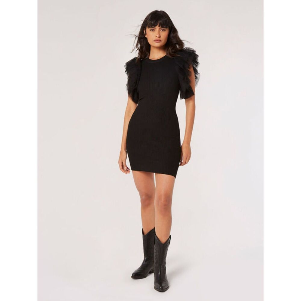 Apricot Tulle Sleeve Knitted Mini Dress size 6 Medium Black LBD HOCO Homecoming